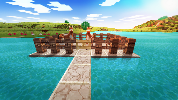 Minecraft horses on a wooden dock in the water