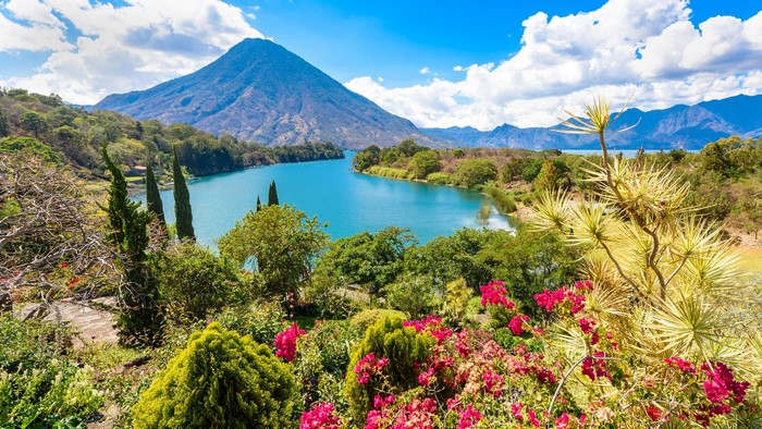 Lake Atitlán with Volcano and Flowers in Guatemala