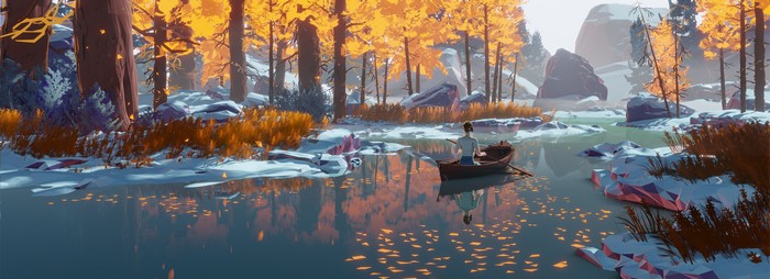 Person rowing a boat in a winter forest with reflections