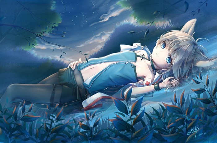 Sussurro from Arknights lying in grass at night
