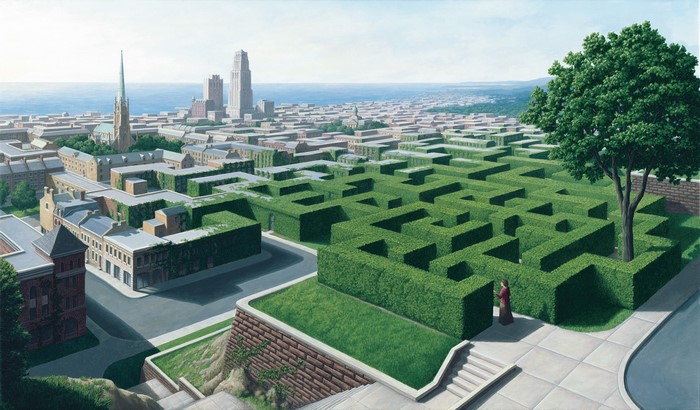 Surreal painting of a cityscape with a hedge maze