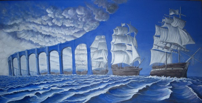 Surreal painting of ships passing through a blue arched structure on water