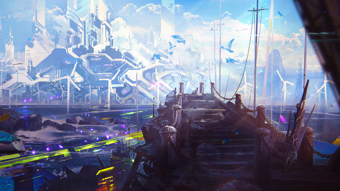 Futuristic city with digital art and anime style