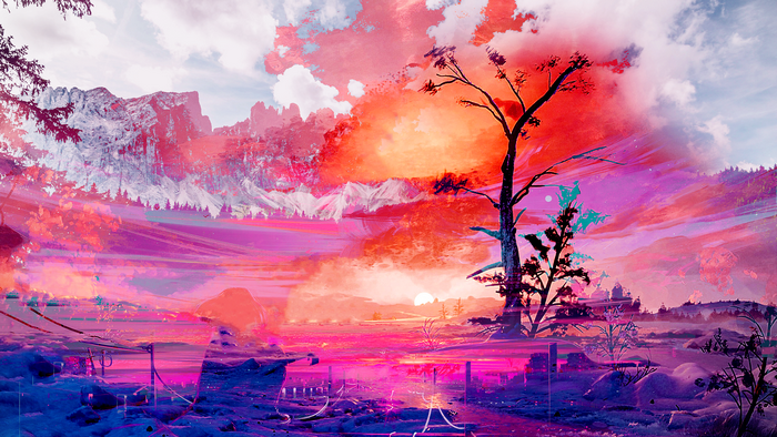 Surreal mountain landscape with pink and orange sky