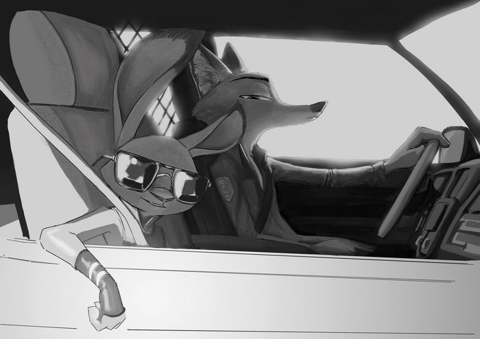 Judy Hopps and Nick Wilde from Zootopia in a police car