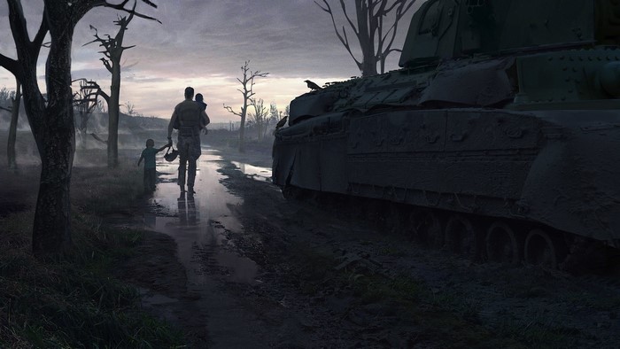 Soldier carrying child walks past tank in war-torn landscape