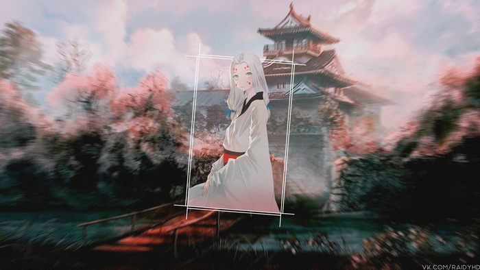 Anime girl in traditional Japanese attire in front of a castle