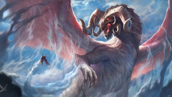 A massive dragon with horns and wings in the sky