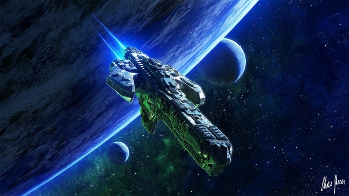 Spaceship near a planet in outer space