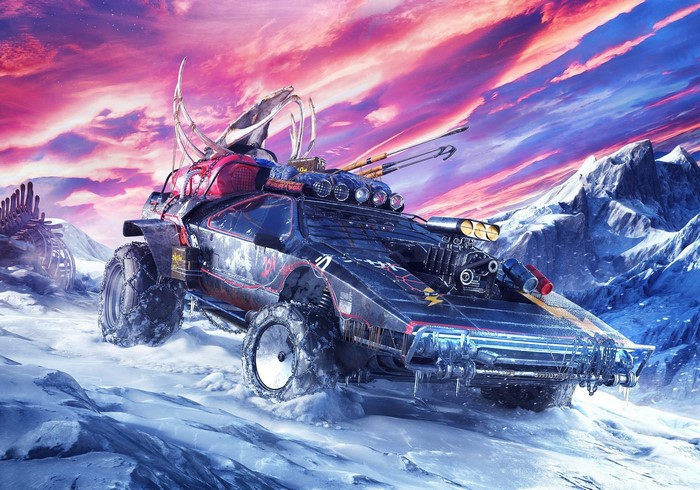 Modified DeLorean in a snowy, mountainous landscape