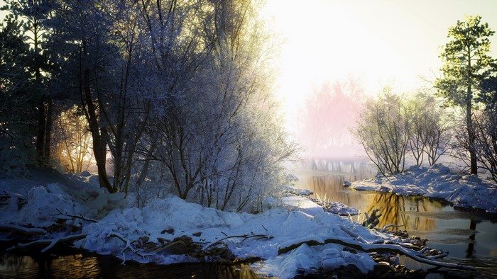 Winter river landscape with trees and mist