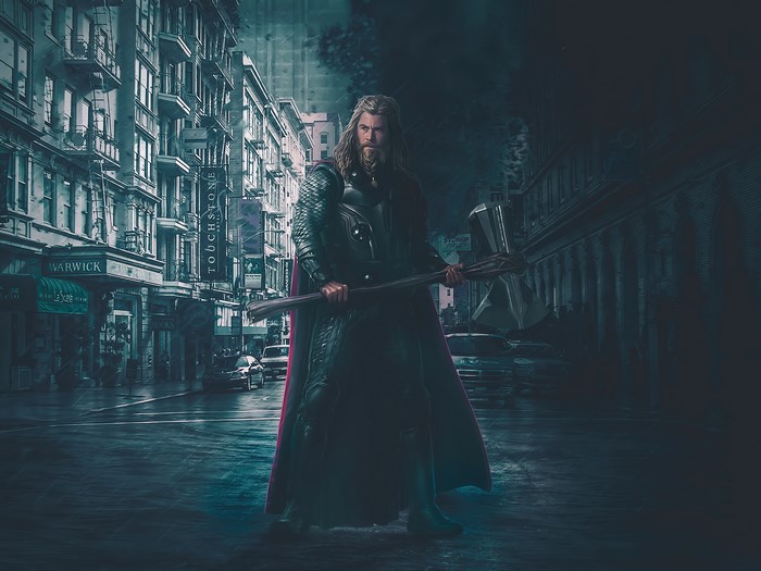 Thor from Marvel Super Heroes standing in a city street