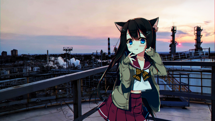 Anime cat girl at industrial complex during sunset