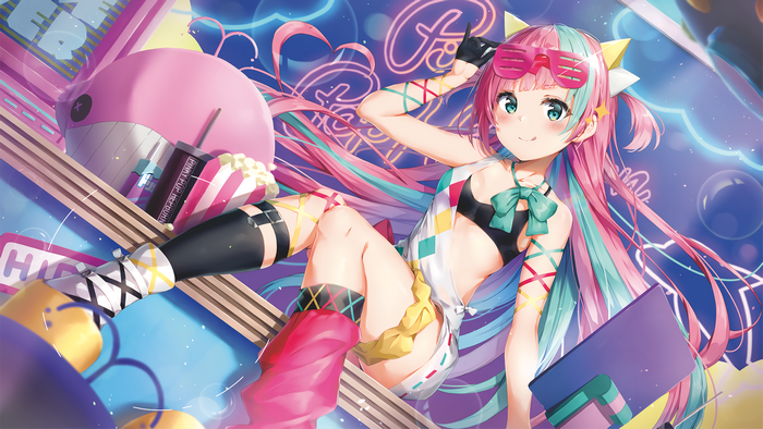 Anime girl with multi-colored hair and sunglasses