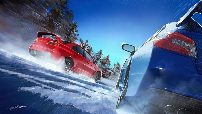 Red Mitsubishi Lancer Evolution and blue Subaru WRX STI drifting on snow