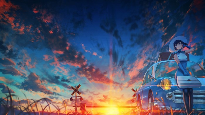 Anime girl in blue outfit by a car at sunset near railway