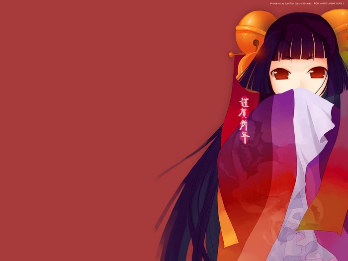Anime girl in kimono with bells