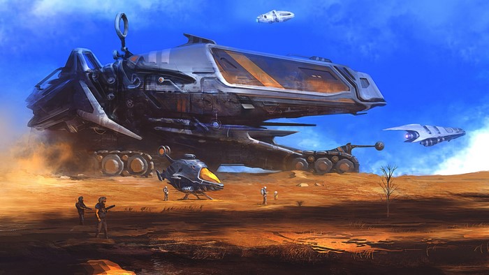 Spaceships and astronauts on a desert planet
