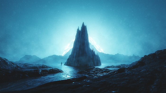 Digital artwork of a rocky landscape with a glowing mountain