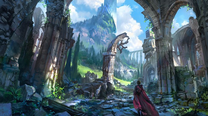 Fantasy ruins with a figure in a red cape