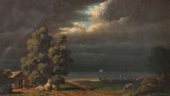 Landscape with a house and cattle under a stormy sky
