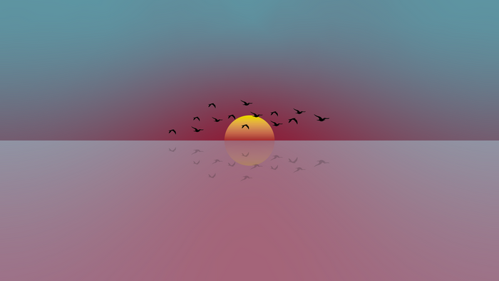 Birds flying over the ocean at sunset