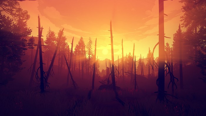 4K digital art of a burnt forest at sunset