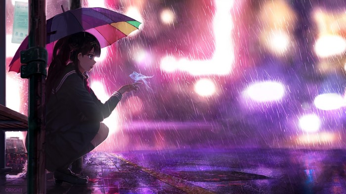 Anime girl with umbrella in the rain at night
