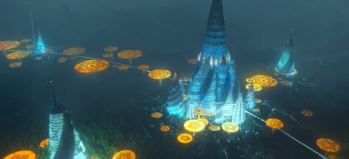 Futuristic city in a foggy forest by Leon Tukker
