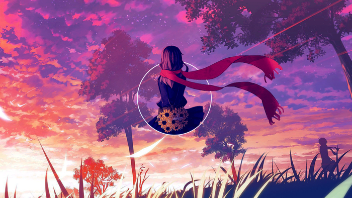 Anime girl with sunflowers and red scarf at sunset