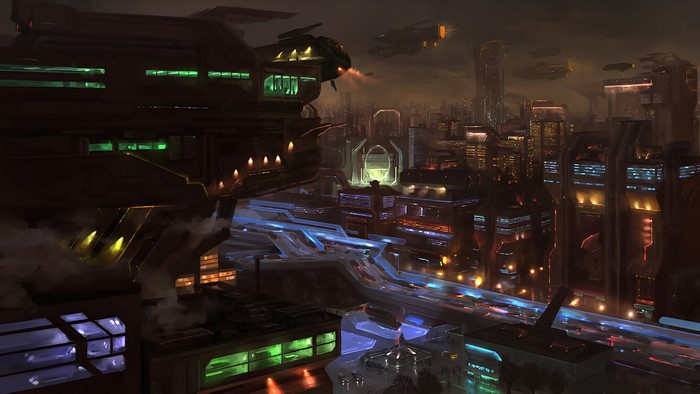 Futuristic city skyline at night with flying vehicles