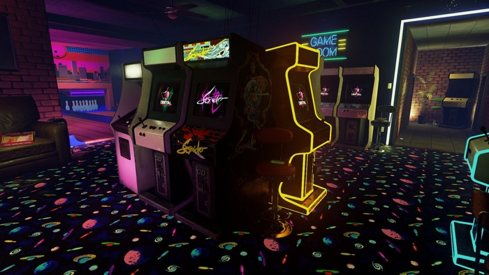 Retro arcade game room with bowling alley