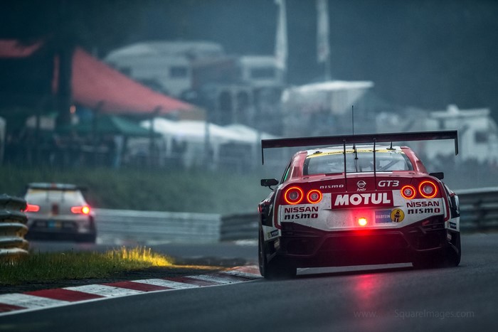 Nissan GT-R GT3 race car on a wet track