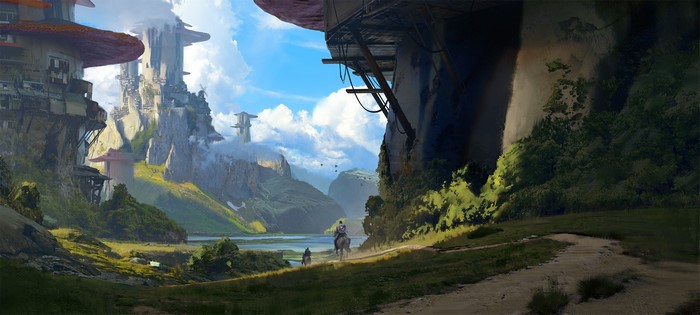 Fantasy landscape with futuristic structures and riders