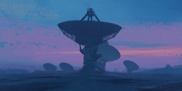Digital art of radar dishes at sunset