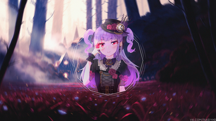 Anime girl with purple hair in a forest