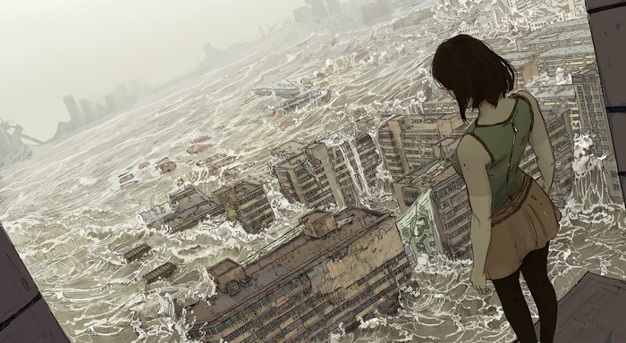 Girl in green shirt overlooking flooded city with waves