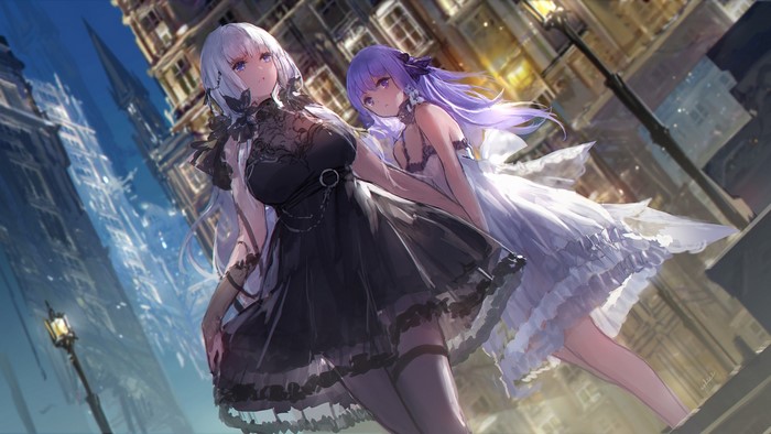 Illustrious and Unicorn from Azur Lane in a city