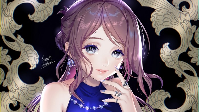 Anime girl with long purple hair and blue eyes
