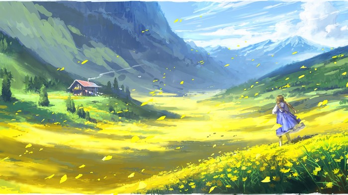 Girl in blue dress running through a field of yellow flowers in the mountains