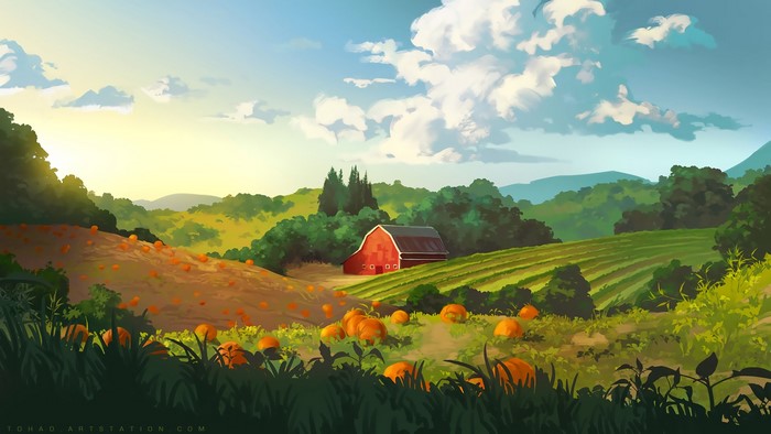 Digital art of a pumpkin farm with a red barn