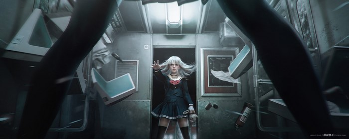 Girl in school uniform on a train