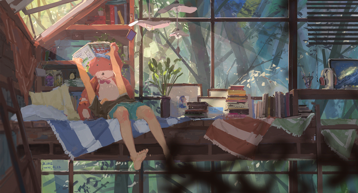 Anime girl reading a book with a teddy bear in a sunlit room