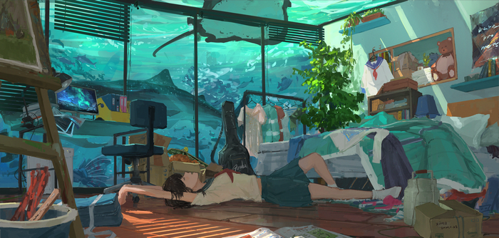 Anime girl in sailor uniform lying on floor in underwater room