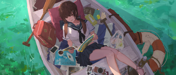Anime girl in sailor uniform reading in a boat