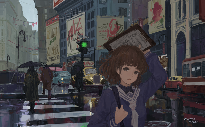 Anime girl with clipboard in rainy city street