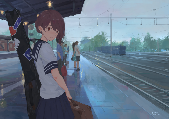 Anime girl with guitar case at train station