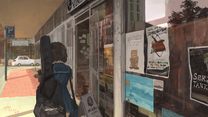 Anime girl with guitar case outside vinyl shop