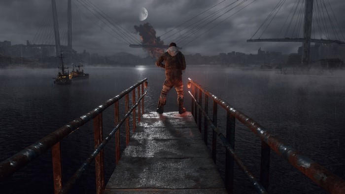 Metro Exodus: Soldier on a pier with burning bridge