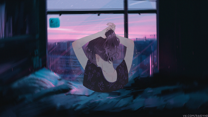 Anime girl in picture-in-picture looking out window